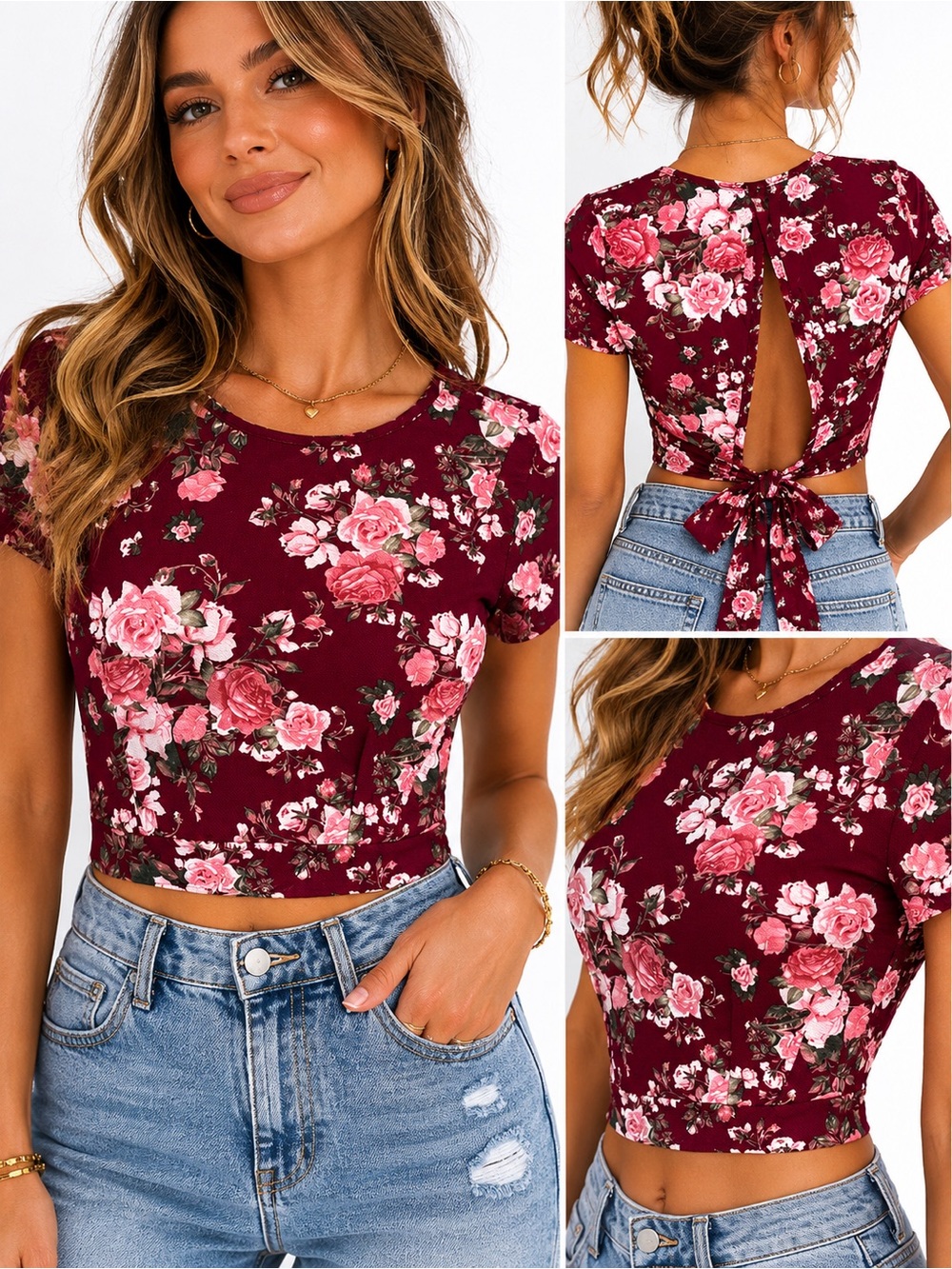 Brina & Em Burgundy Floral Tie Back Crop Top Size M Made in Canada